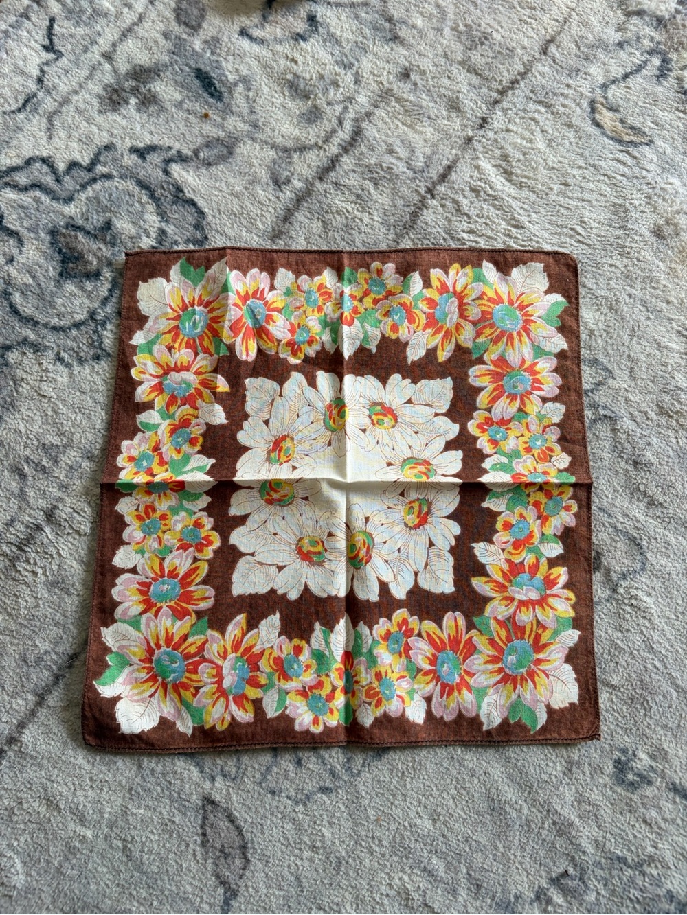 Vintage Midcentury Brown floral handkerchief with white daisies and orange/blue